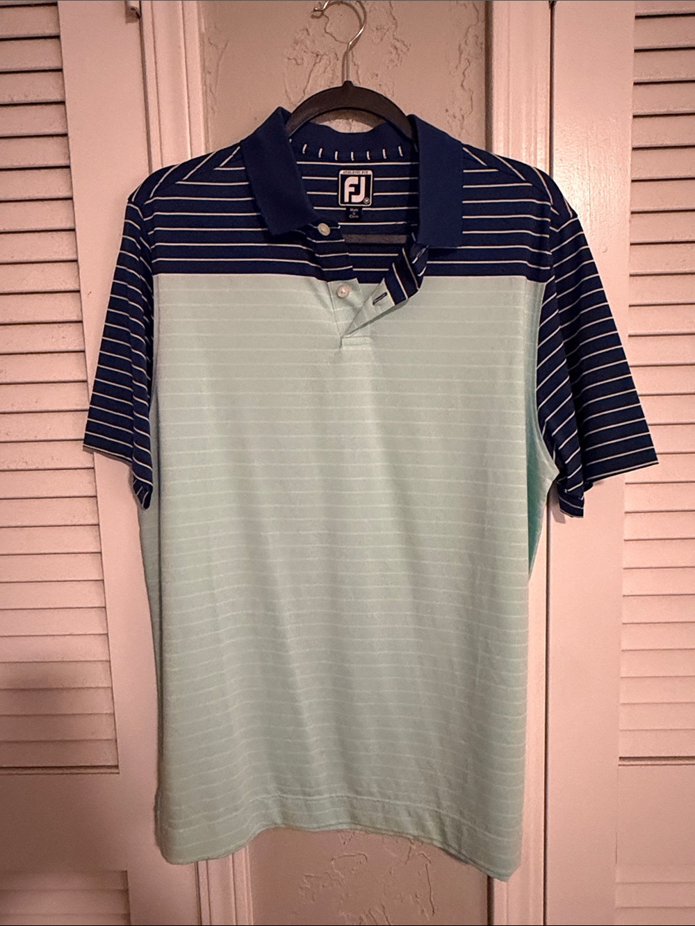 FootJoy Men's Striped Polo in Navy and Mint